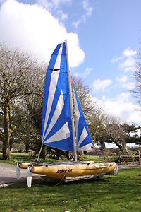 Laser Dart 16 sailing catamaran with galvanised road trailer and launch trolley