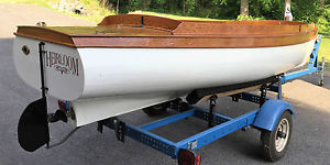 Antique Fay & Bowen Style Boat wooden Launch with Trailer