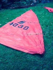 Mirror dinghy main and jib sails, tiller, rudder, daggerboard, mast, boom, gaff