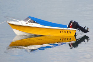 CruiseCraft 4.6m fibreglass runabout with 90HP Tohatsu motor on trailer