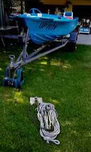 14ft tinnie, 35hp johnson outboard and trailer