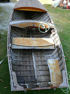 ca 1950 OLD TOWN RUNABOUT Closed Bow 2 Bench + 1 Motorman Seat w Trailer