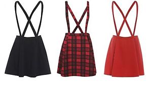 RED TARTAN SKIRT WITH DETACHABLE BRACE'S SIZES 8-20 BLACK OR RED New