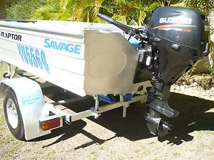 2016 SAVAGE RAPTOR 355, 9.9 HP SUZUKI 4 STROKE & REDCO STORTSMAN TRAILER. tinny